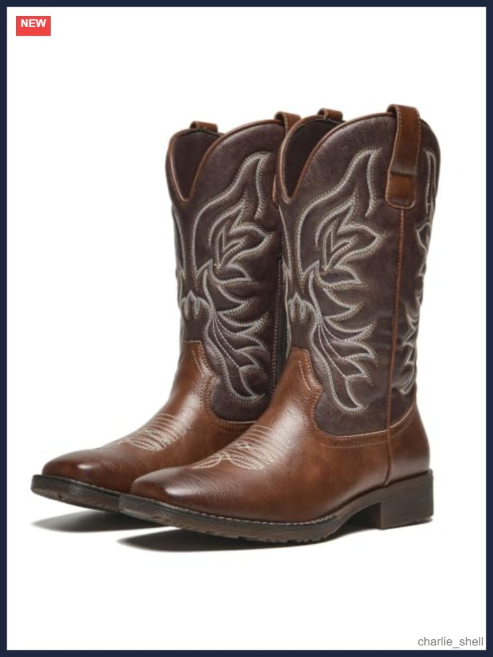 Men's Western Cowboy Boots Faux Leather Square Toe Zip-Up Mid-Calf